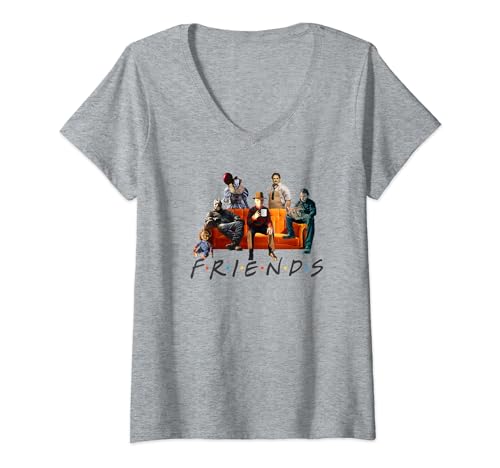 Halloween Friends Crew Gathering on a Spooky Orange Couch V-Neck T-Shirt