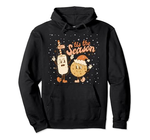 Festive Tis the Season Cartoon Cookie and Milk Holiday Pullover Hoodie