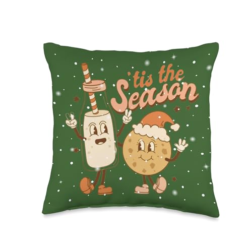 Vintage Festive Tis The Season Cartoon Cookie and Milk Holiday Throw Pillow